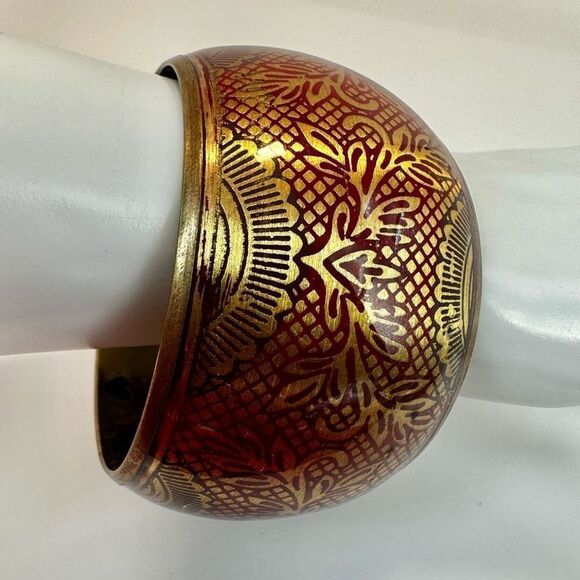 Red and gold tone wide brass  bangle bracelet - Picture 5 of 11